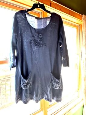 April Cornell Blue Floral Rosette Tunic with Front Pockets